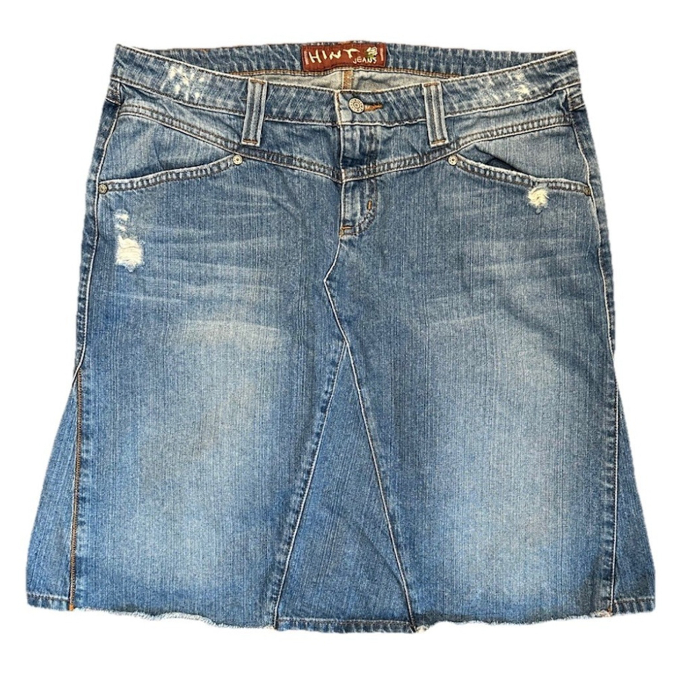 Vtg Y2k Hint Jeans Denim Skirt Light Blue Wash Size 15 Distressed Below Knee